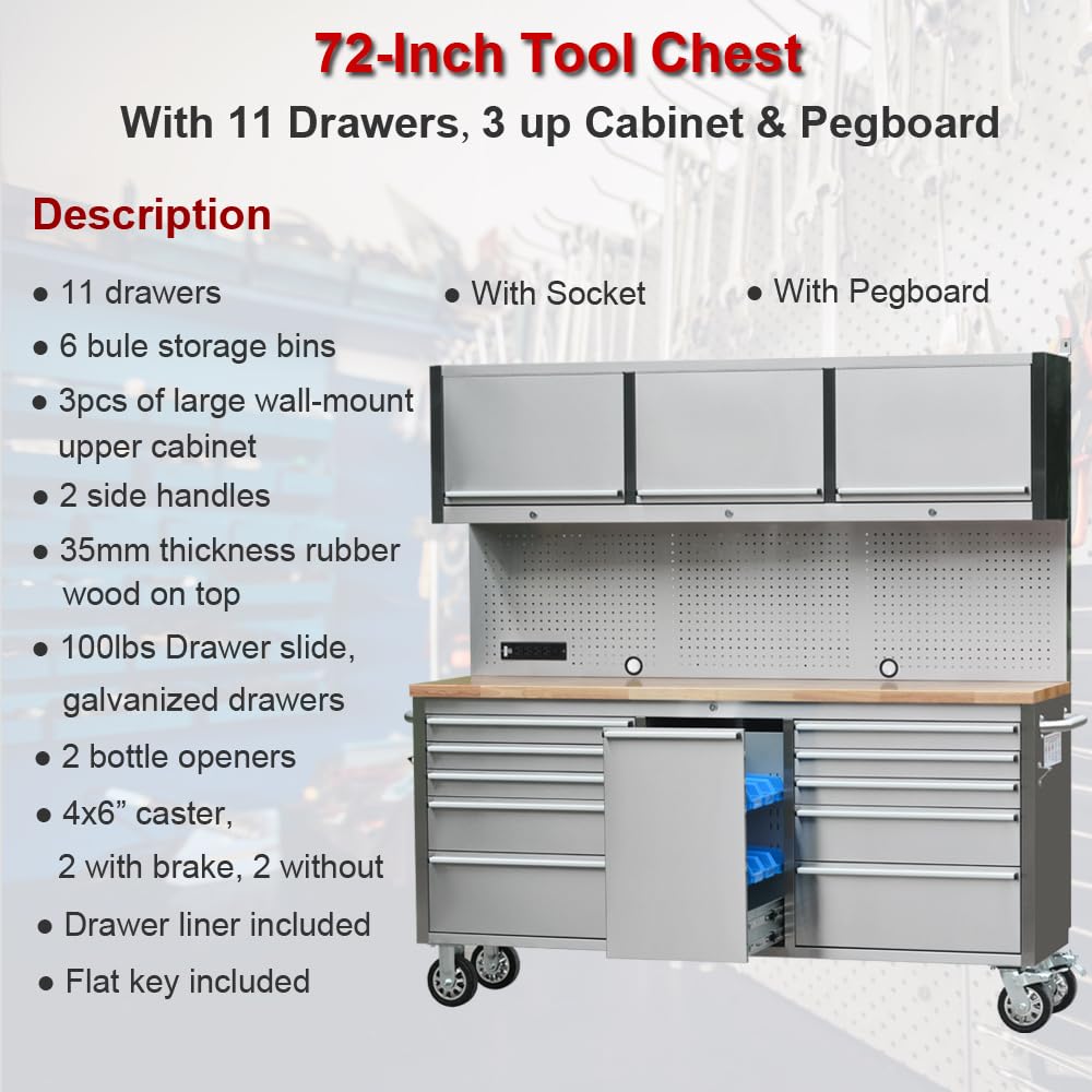 72 inch Rolling Tool Chest with 11 Drawers + 3 Upper Cabinets,  Steel Lockable Tool Cabinet with 6 Blue StoraBins & Power Strip, Assembled Tool Box for Gara(1 × HTC7214W1)