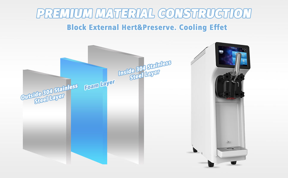 Commercial Ice Cream Maker Machine 1000W 2.7 to 4 Gal/H Single Flavor Soft Serve Ice Cream Machine Pre-cooling Auto Clean LCD Touch Screen Soft Serve Maker for Snack Bar Restaurants