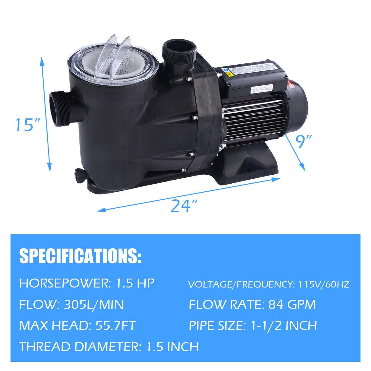 1.5hp swimming pool electric pump spa dc 5040 gph 1-1/2" npt water above ground