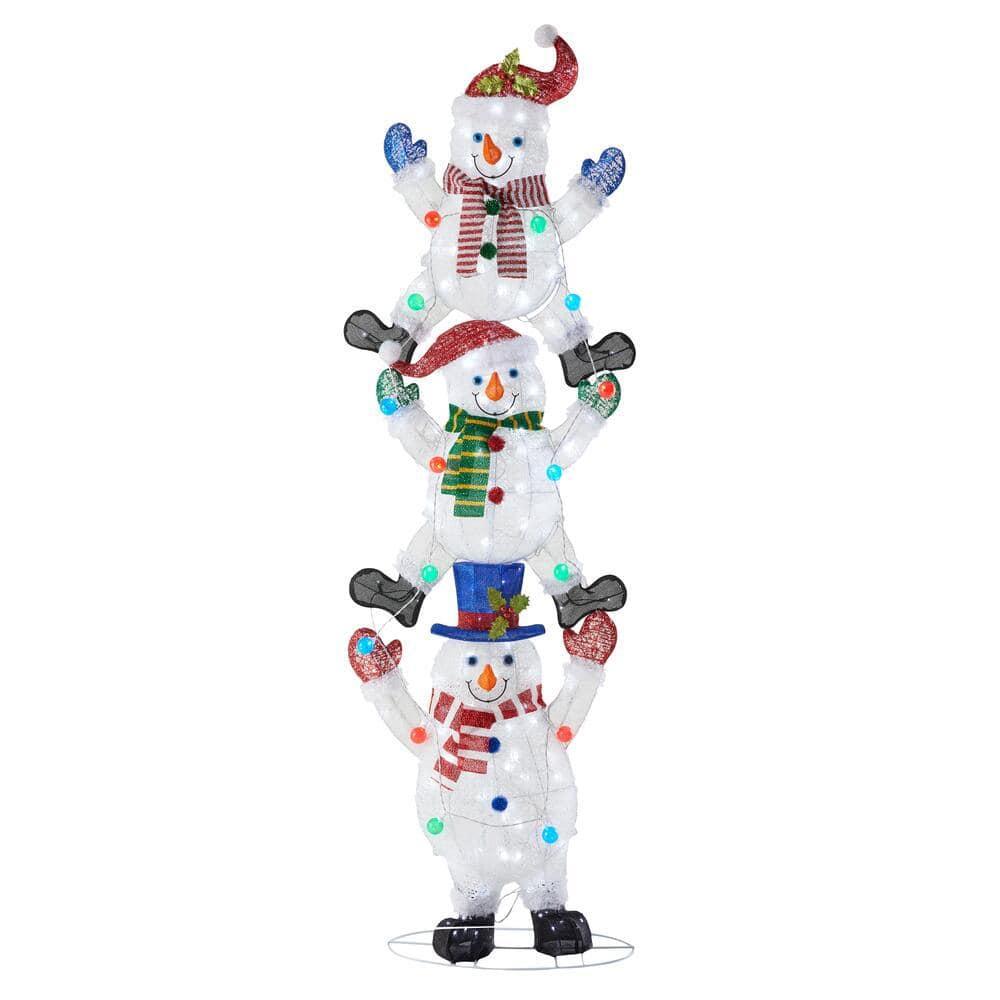 7 ft Cool White LED 3 Stacked Snowmen Holiday Yard Decoration