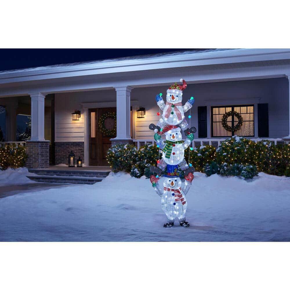 7 ft Cool White LED 3 Stacked Snowmen Holiday Yard Decoration