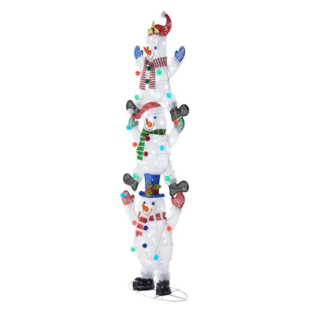 7 ft Cool White LED 3 Stacked Snowmen Holiday Yard Decoration