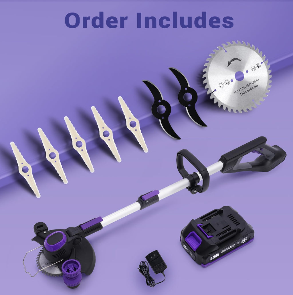 Weed Wacker Cordless,  Weed Eater Battery Powered with Nylon/Steel/Saw Blade, 20V Weed Trimmer/Edger/Cutter (One 2.5Ah Battery)