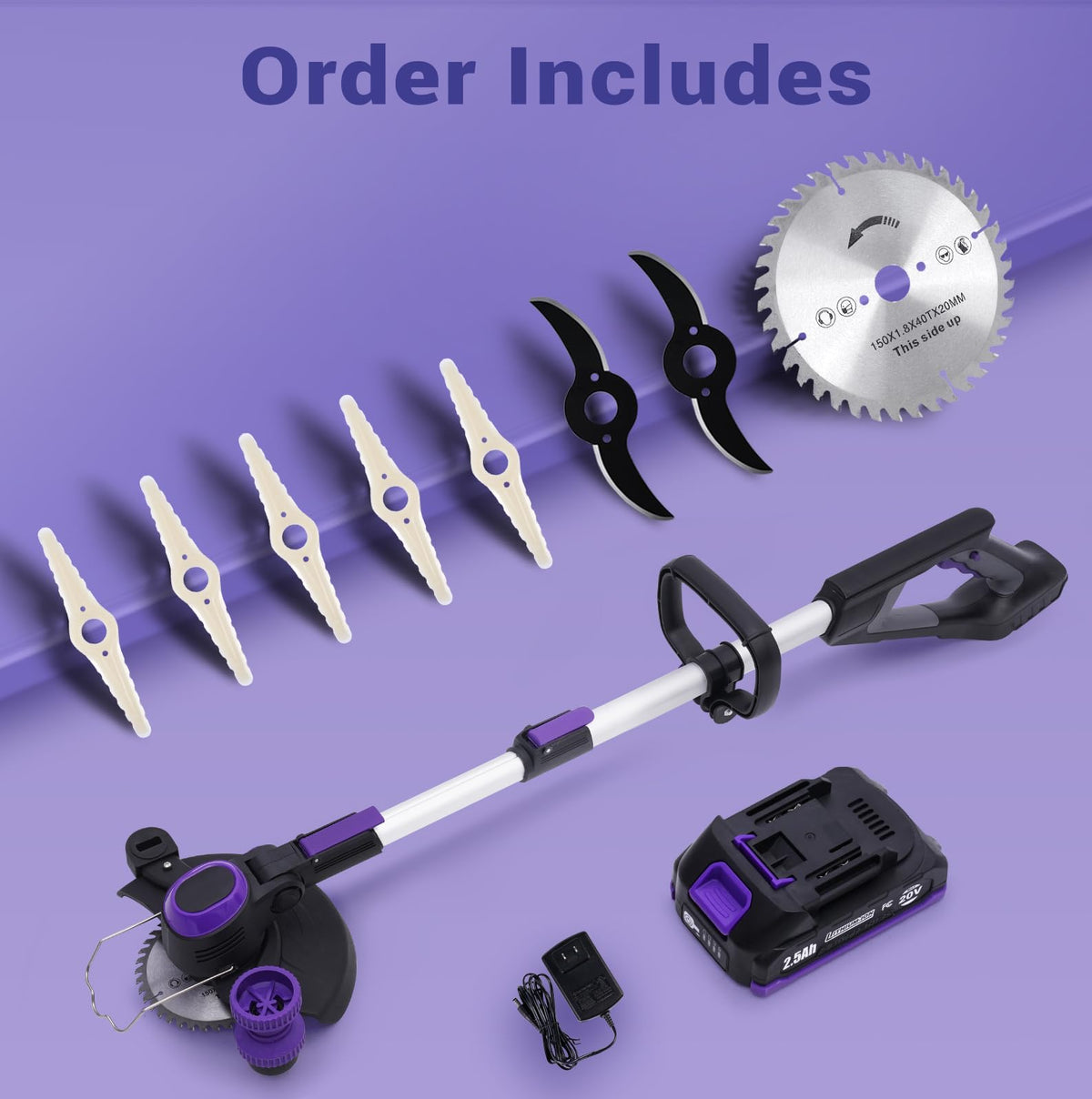 Weed Wacker Cordless,  Weed Eater Battery Powered with Nylon/Steel/Saw Blade, 20V Weed Trimmer/Edger/Cutter (One 2.5Ah Battery)
