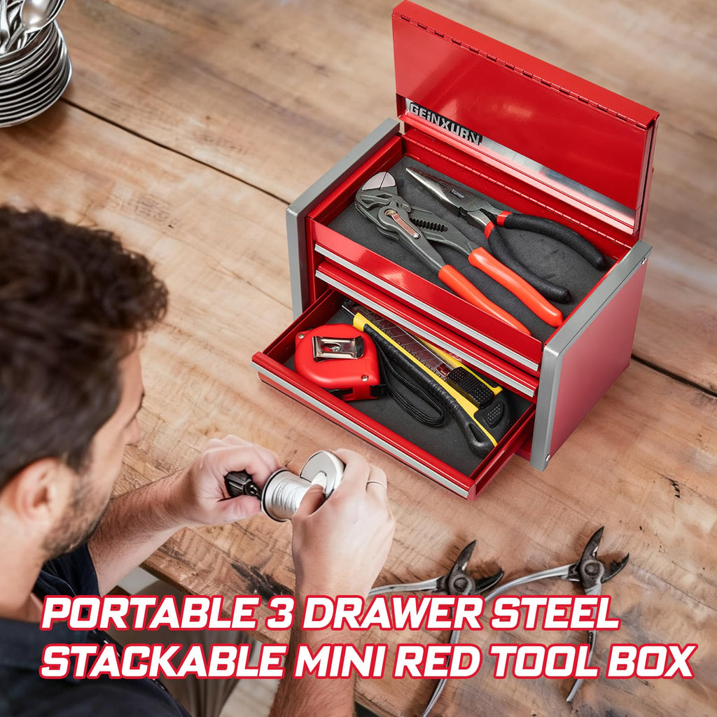 3-Drawer Rolling Red Tool Box, Heavy Duty Micro Roll Cab Steel Stackable Tool Chest with Lockable Drawers, LarCapacity Tool Cabinet for Garage, Workshop, Truck