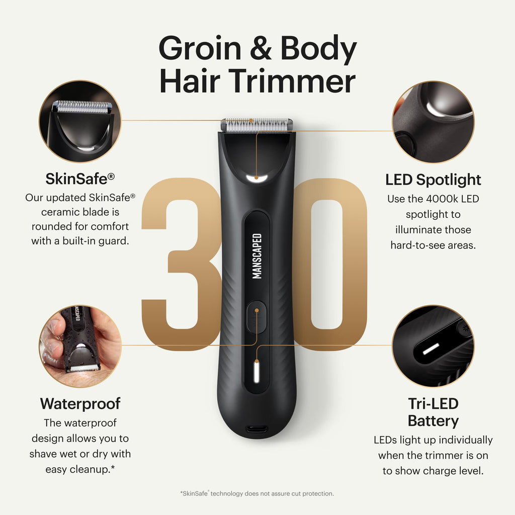 Lawn Mower3.0 Plus Groin &amp; Body Hair Trimmer – Updated SkinSafeTrimmer Blade, Waterproof Wet/Dry Groomer, USB-C Rechargeable, Men’s Wireless Ball Shaver, Tuxedo Black
