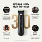 Lawn Mower3.0 Plus Groin &amp; Body Hair Trimmer – Updated SkinSafeTrimmer Blade, Waterproof Wet/Dry Groomer, USB-C Rechargeable, Men’s Wireless Ball Shaver, Tuxedo Black