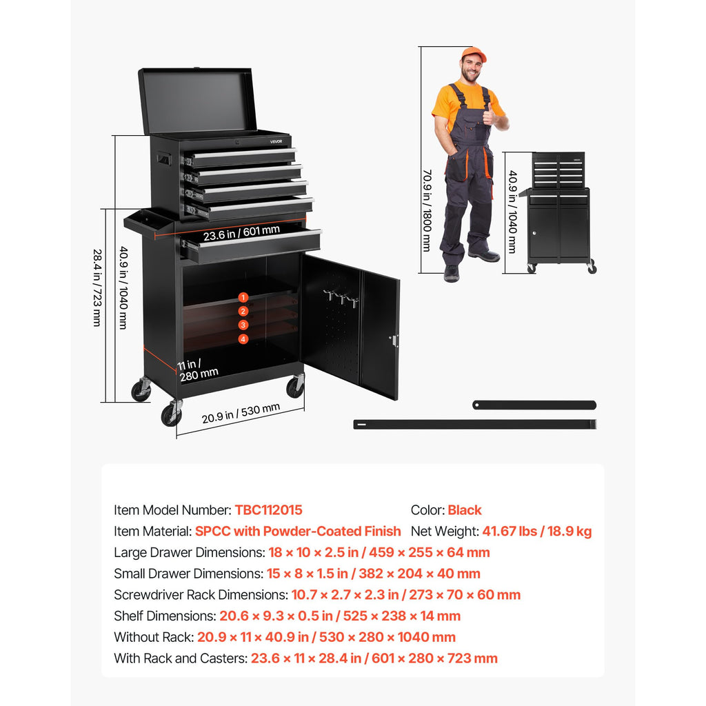 Rolling Tool Chest, 2-in-1 , 5 Drawers Tool Cabinet Organizer with Detachable Top Metal Toolbox, Lock Bar, Protective Liner, and Tools Rack, GaraStoraCabinet for Warehouse, Workshop