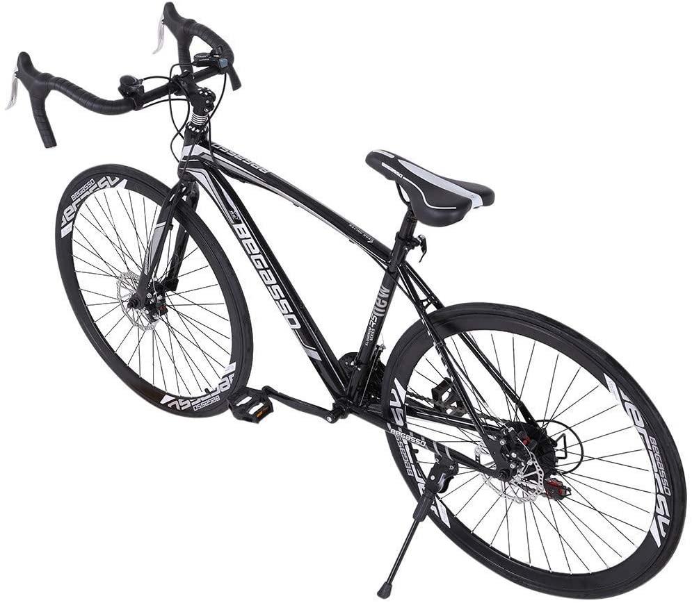 Aluminum Road Bike, 21 Speed Disc Brakes Aluminum Frame Road Bicycles Begasso s Full Suspension Road Bike, 700c Dual Disk Brake  Release Racing Bicycles (Blue/White)