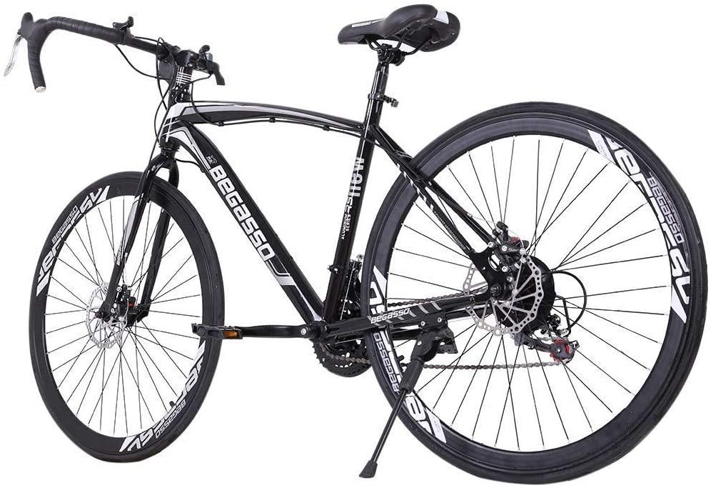 Aluminum Road Bike, 21 Speed Disc Brakes Aluminum Frame Road Bicycles Begasso s Full Suspension Road Bike, 700c Dual Disk Brake  Release Racing Bicycles (Blue/White)