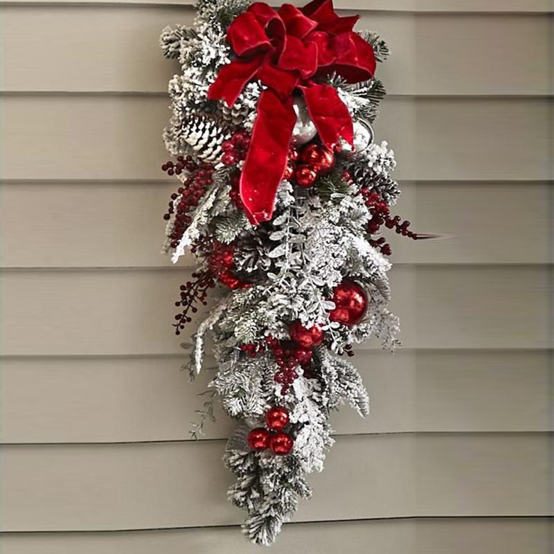 Red And White Holiday Trim Front Door Wreath Christmas Home Restaurant Decoration(ABC)