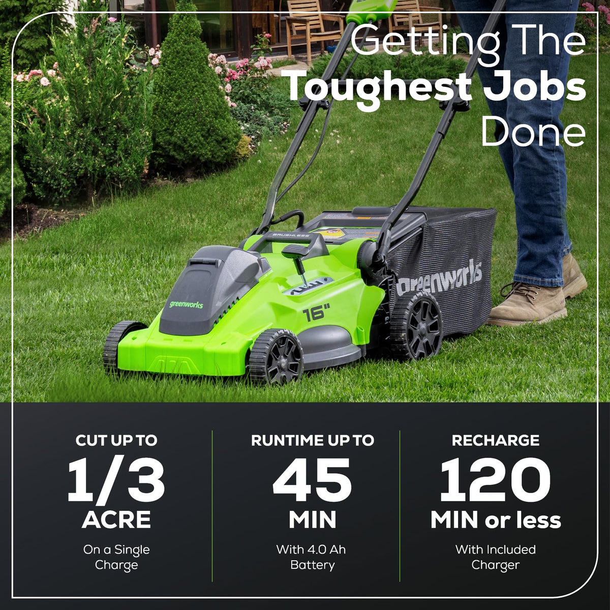 40V 16" Brushless Cordless (Push) Lawn Mower (75+ Compatible Tools), 4.0Ah Battery and Charger Included