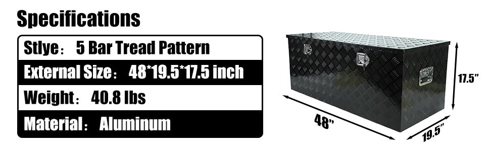 48 Inch Heavy Duty Aluminum Stripes Plated Tool Box Pick Up Truck Bed RV Trailer Toolbox Square StoraOrganizer with Side Handle, Lock and Keys, Waterproof -48"x 19.5"x 17.5"，Black