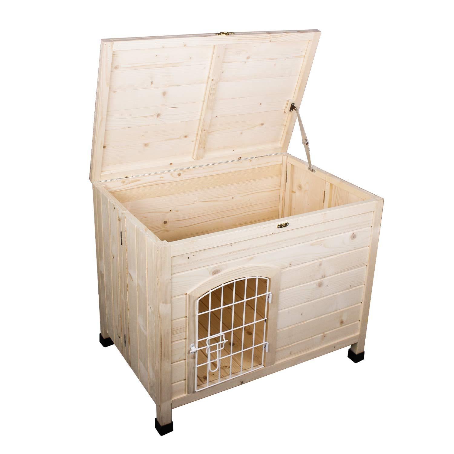 Friday discount Pet Dog House Indoor 3 Steps Assembly Natural Wooden Cabin Kennel Cat Puppy Room with Openable Top &amp; Removable Bottom, Adjustable Foot and Wire Door