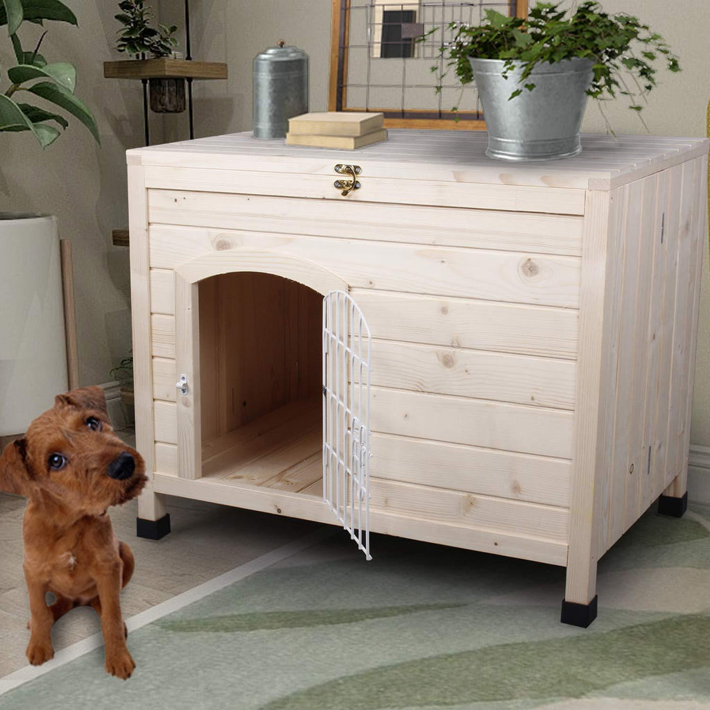 Friday discount Pet Dog House Indoor 3 Steps Assembly Natural Wooden Cabin Kennel Cat Puppy Room with Openable Top &amp; Removable Bottom, Adjustable Foot and Wire Door