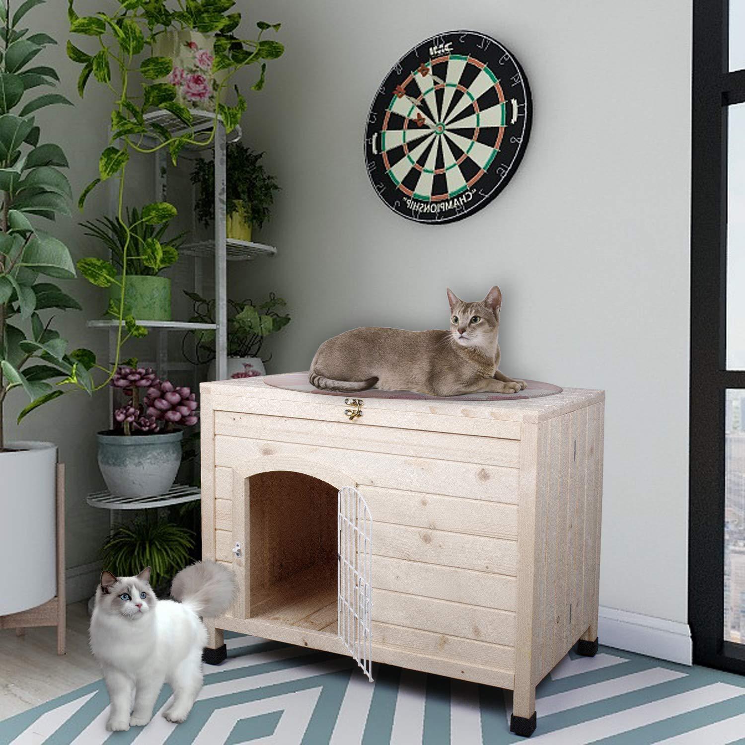 Friday discount Pet Dog House Indoor 3 Steps Assembly Natural Wooden Cabin Kennel Cat Puppy Room with Openable Top &amp; Removable Bottom, Adjustable Foot and Wire Door
