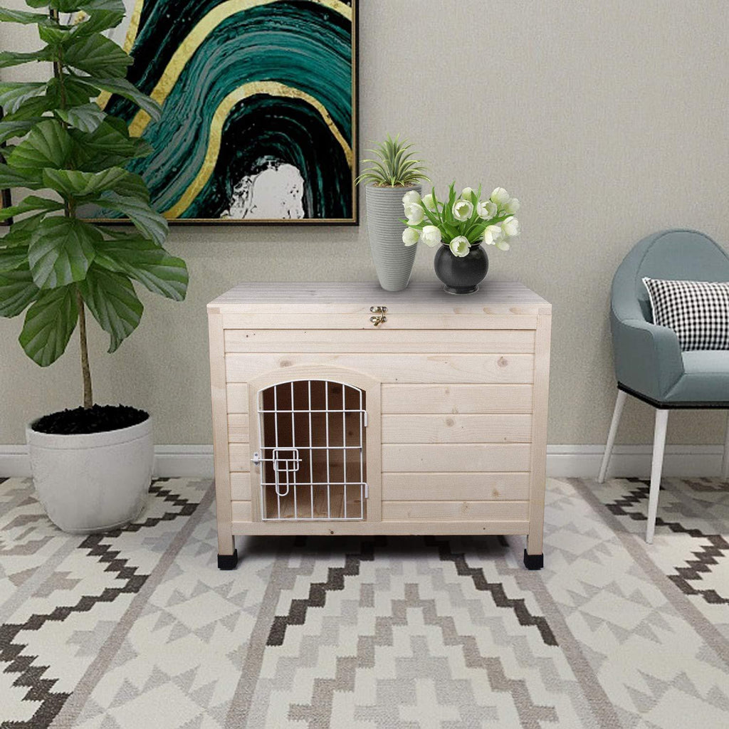 Friday discount Pet Dog House Indoor 3 Steps Assembly Natural Wooden Cabin Kennel Cat Puppy Room with Openable Top &amp; Removable Bottom, Adjustable Foot and Wire Door