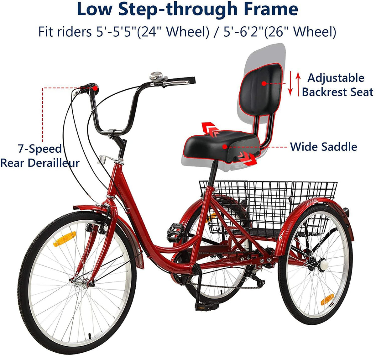 Sibosen Adult Tricycles, 20/24/26 inch Three Wheel Bikes, 3 Wheel Complete Cruiser Trike Bicycle for Women, Men, Seniors