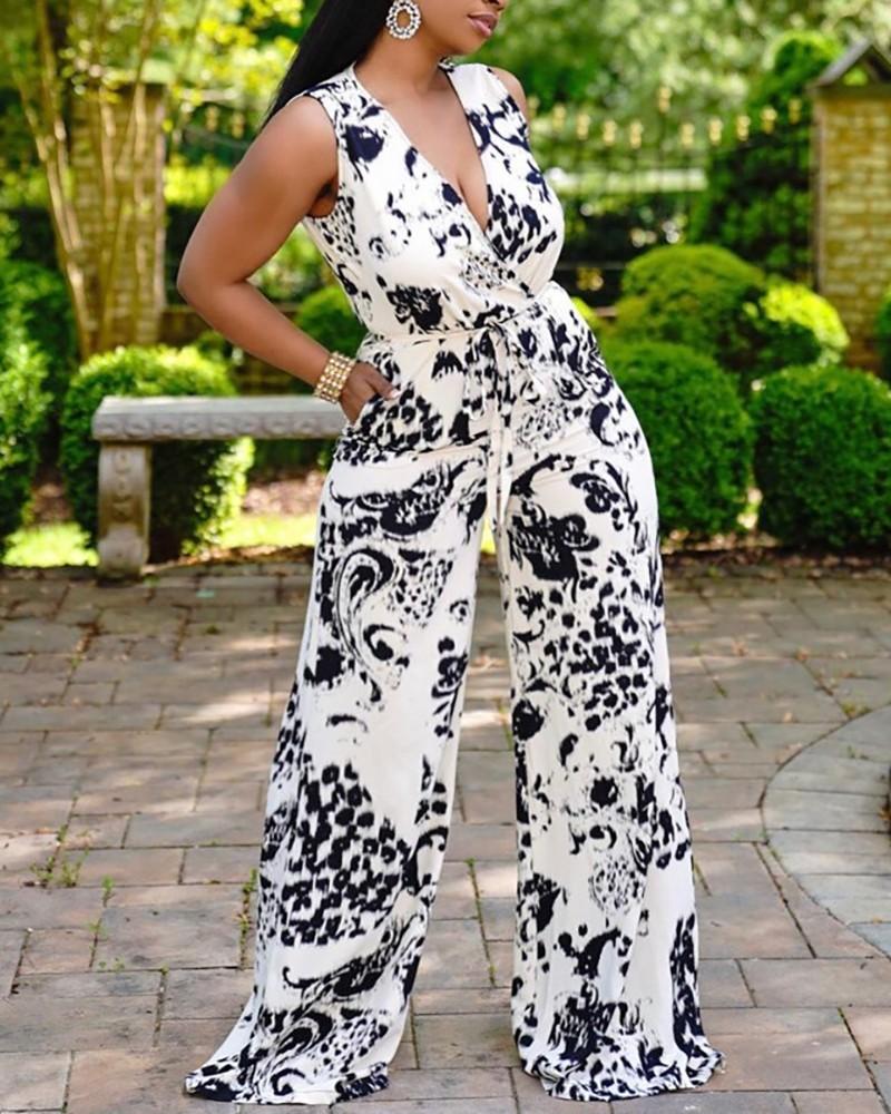 tie dye deep v-neck sleeveless belted wide leg jumpsuit