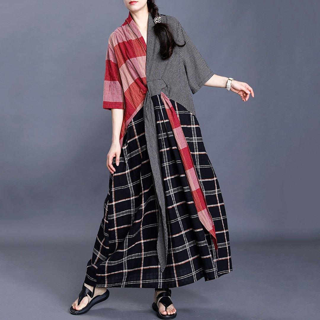 V-Neck Plaid Maxi Dress With Tie Front