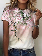 Round Neck Casual Oriental Cher Print Short-Sleeved T-Shirt
