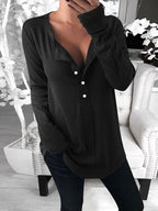 Fashion Long Sleeve V-neck Solid Color Button T-Shirt