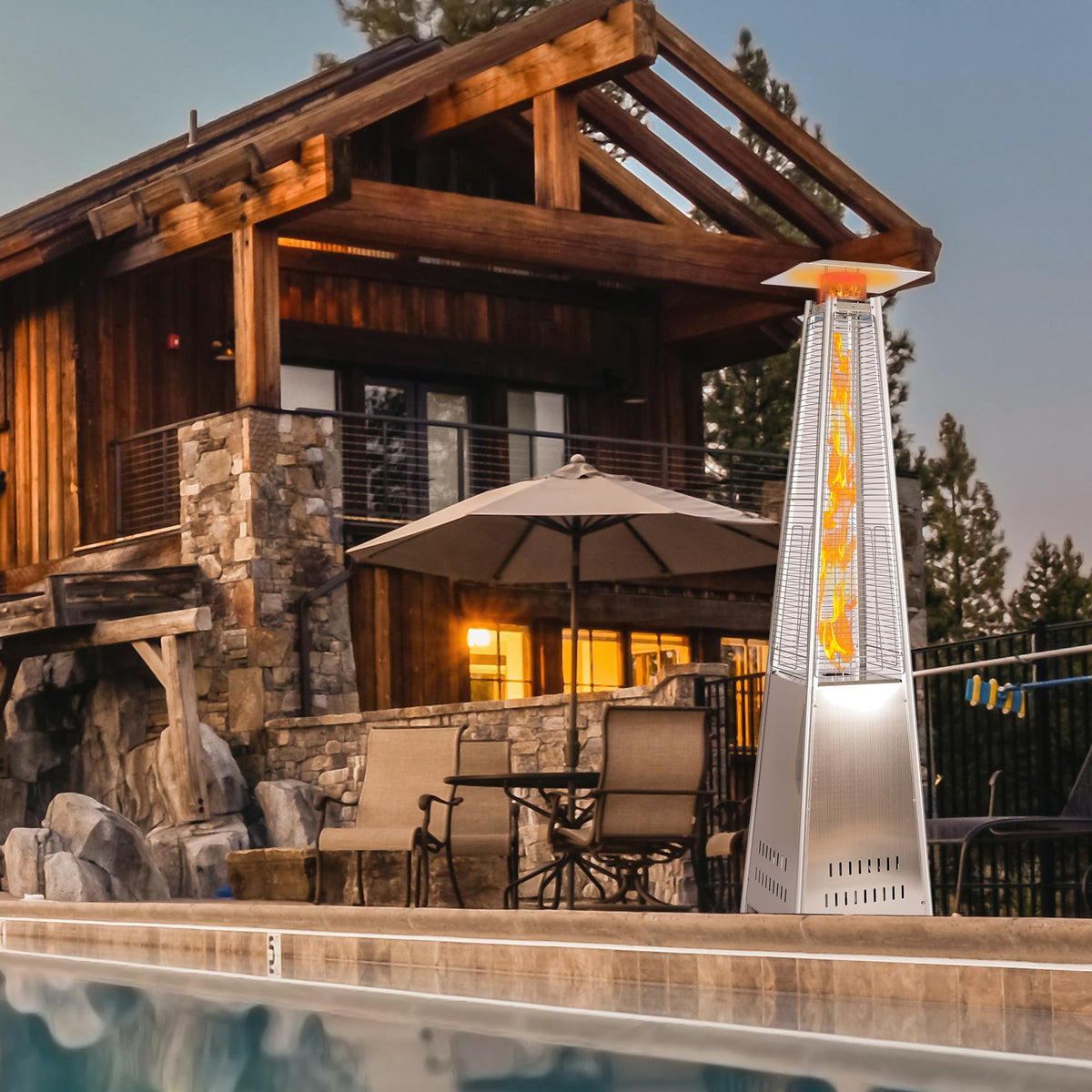 Kmowoo Outdoor Patio Pyramid Propane Space Heater,Portable Flame Heater,W/Wheels,Stainless Steel Color