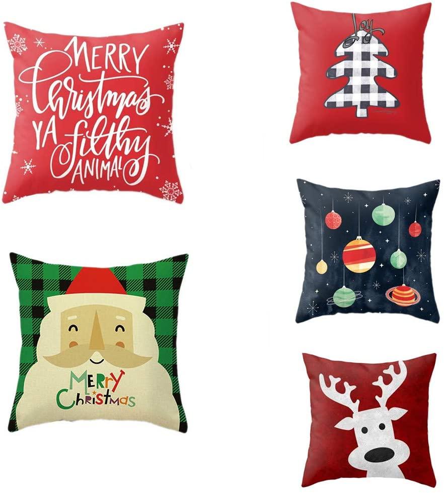 ALLDECOR Creative Christmas Tree Santa Claus Elk Printed Cushion Cover Home Decoration Sofa Pillow Case (Set of 5,4545cm)