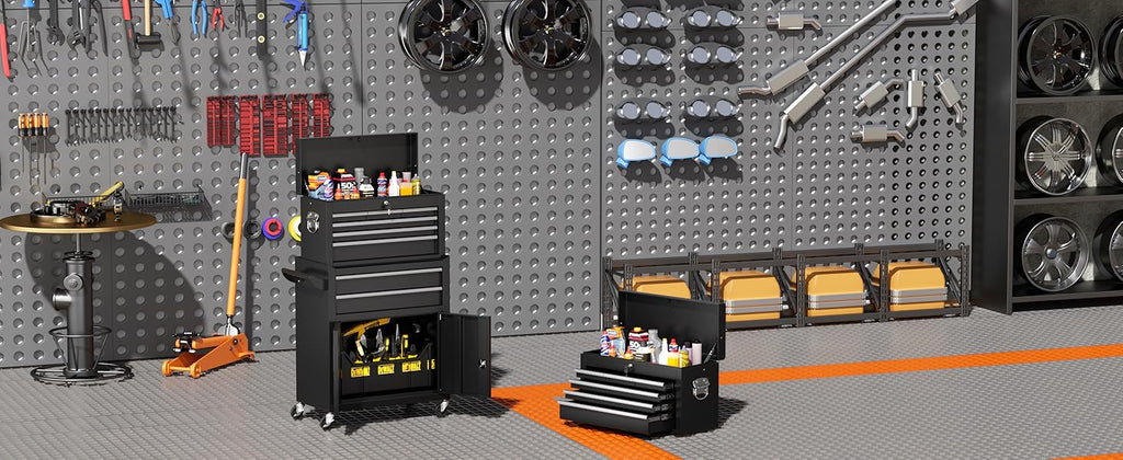 8-Drawers Rolling Tool Chest, Assembled Tool Chest with Wheels, Detachable Top Tool Box, Tool Cabinet for Repair Room,Warehouse, Rolling Tool Box with Hooks,Tray Divider,Liners(Black)