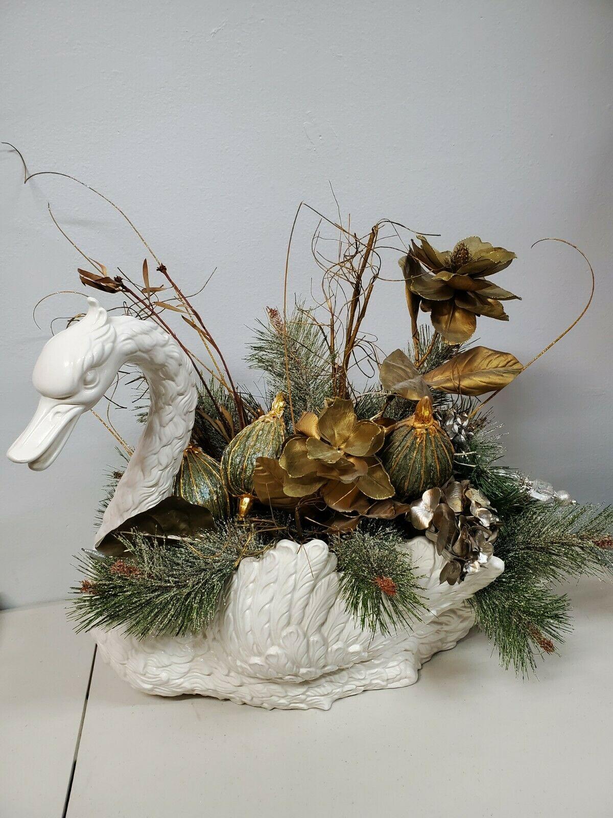 Swan Christmas  Floral Arrangement Italian Made Home Decor Seasonal Holiday