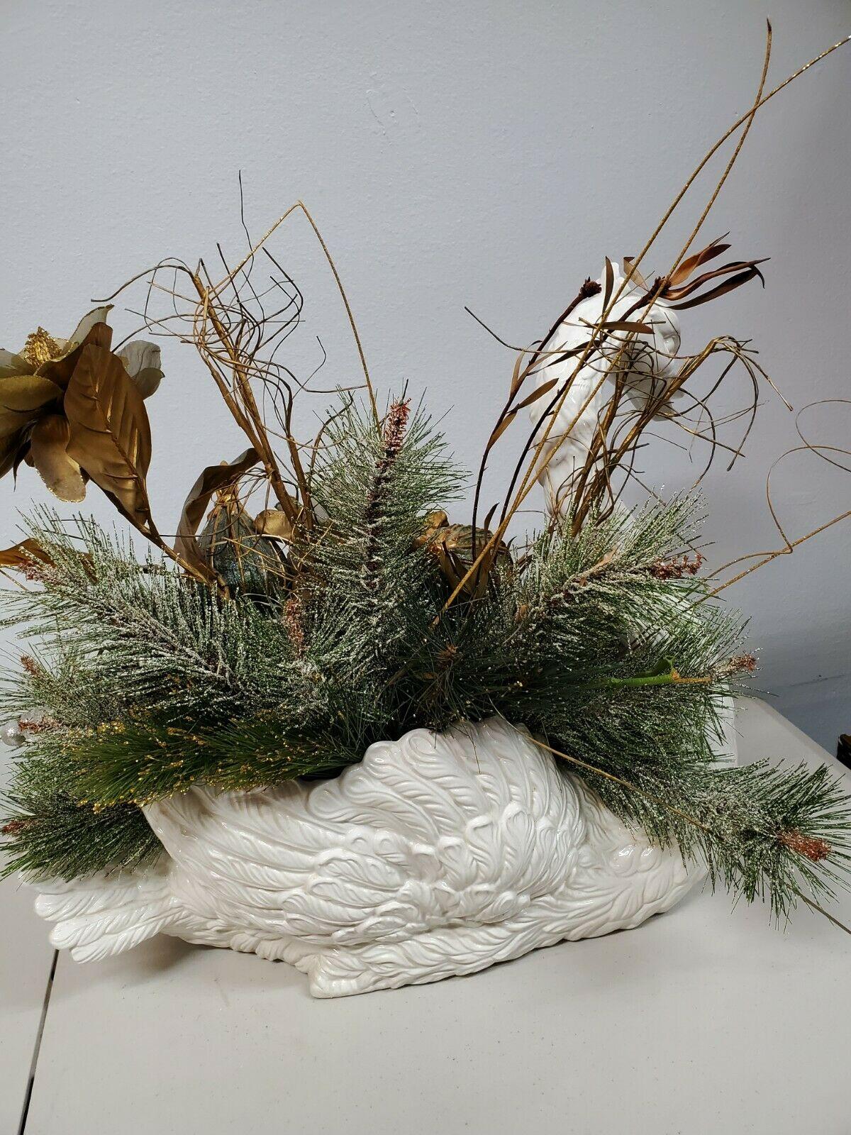 Swan Christmas  Floral Arrangement Italian Made Home Decor Seasonal Holiday