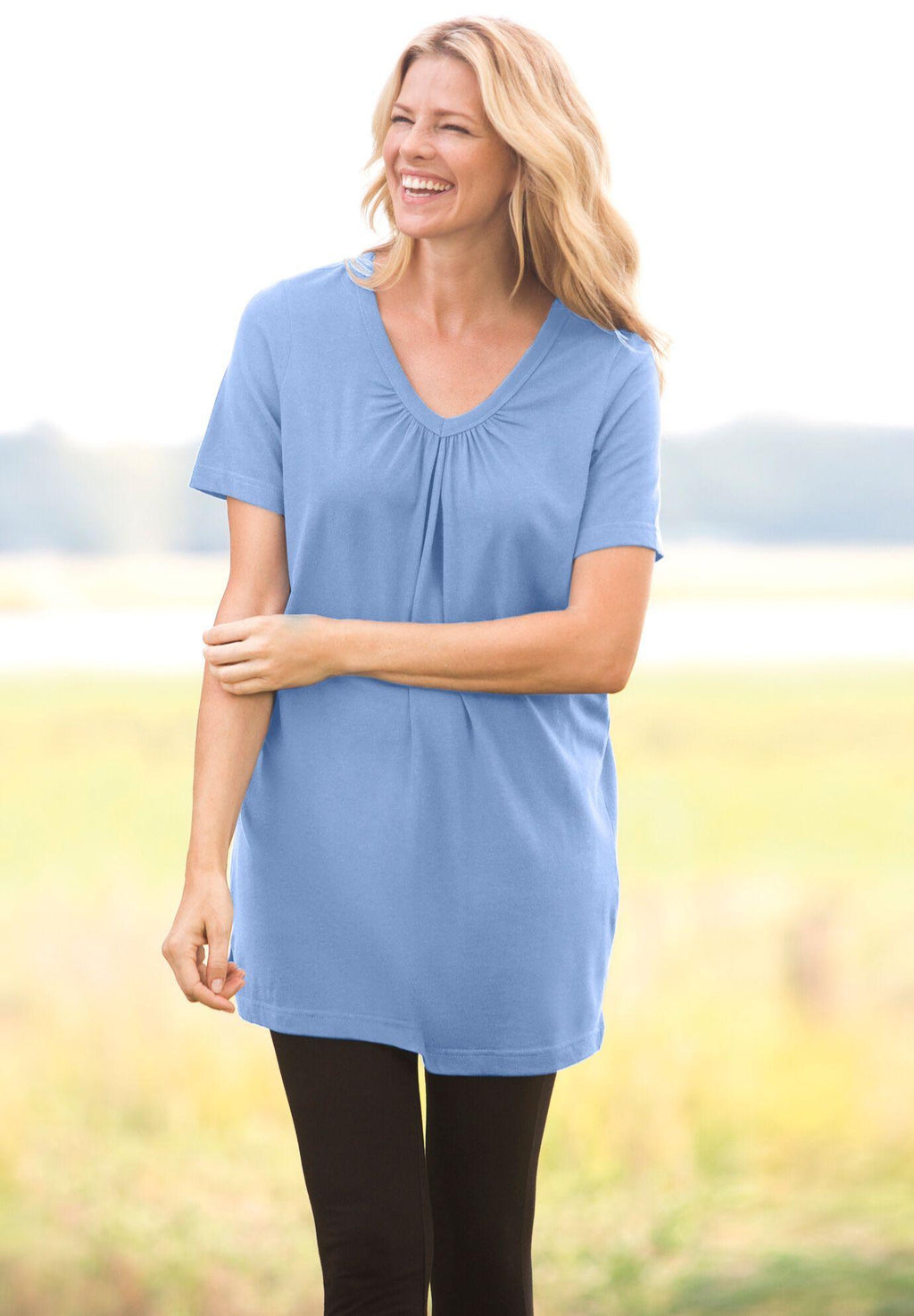 perfect short-sleeve shirred v-neck tunic