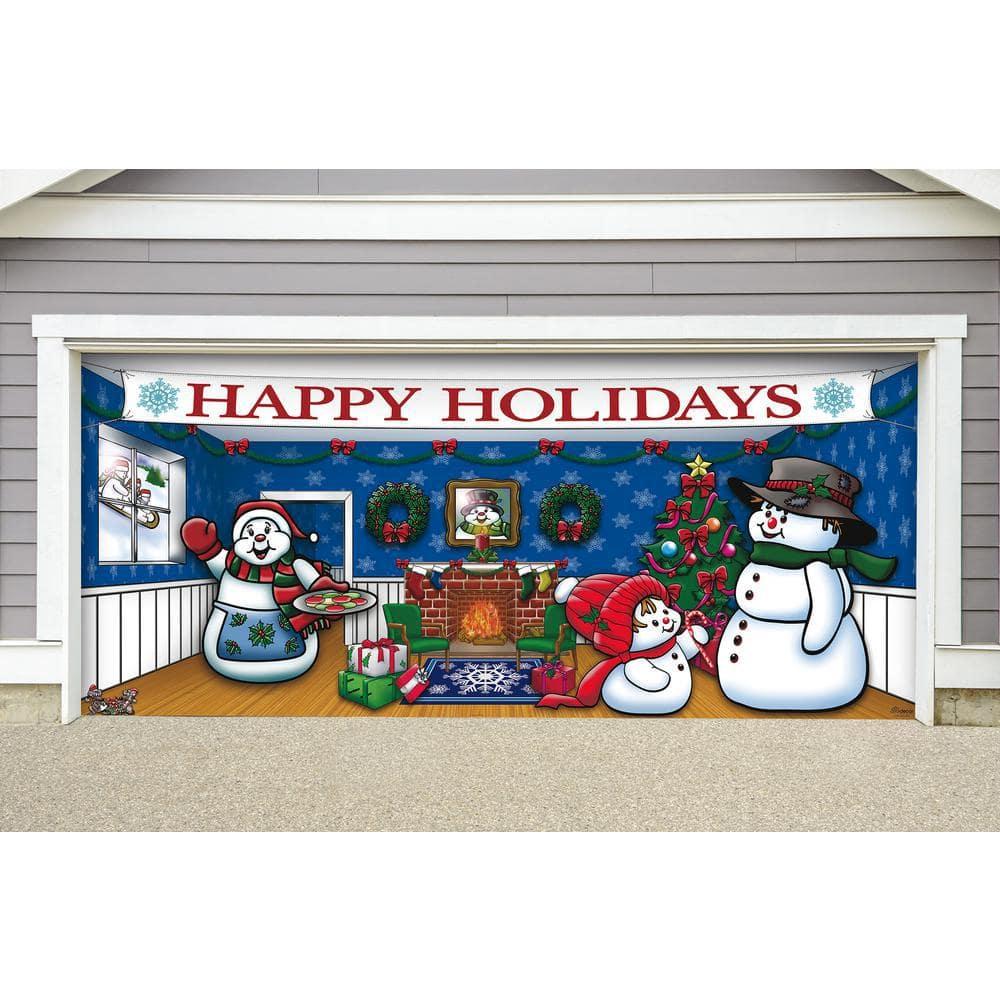 7 ft. x 16 ft. Snowman Family Christmas Garage Door Decor Mural for Double Car Garage