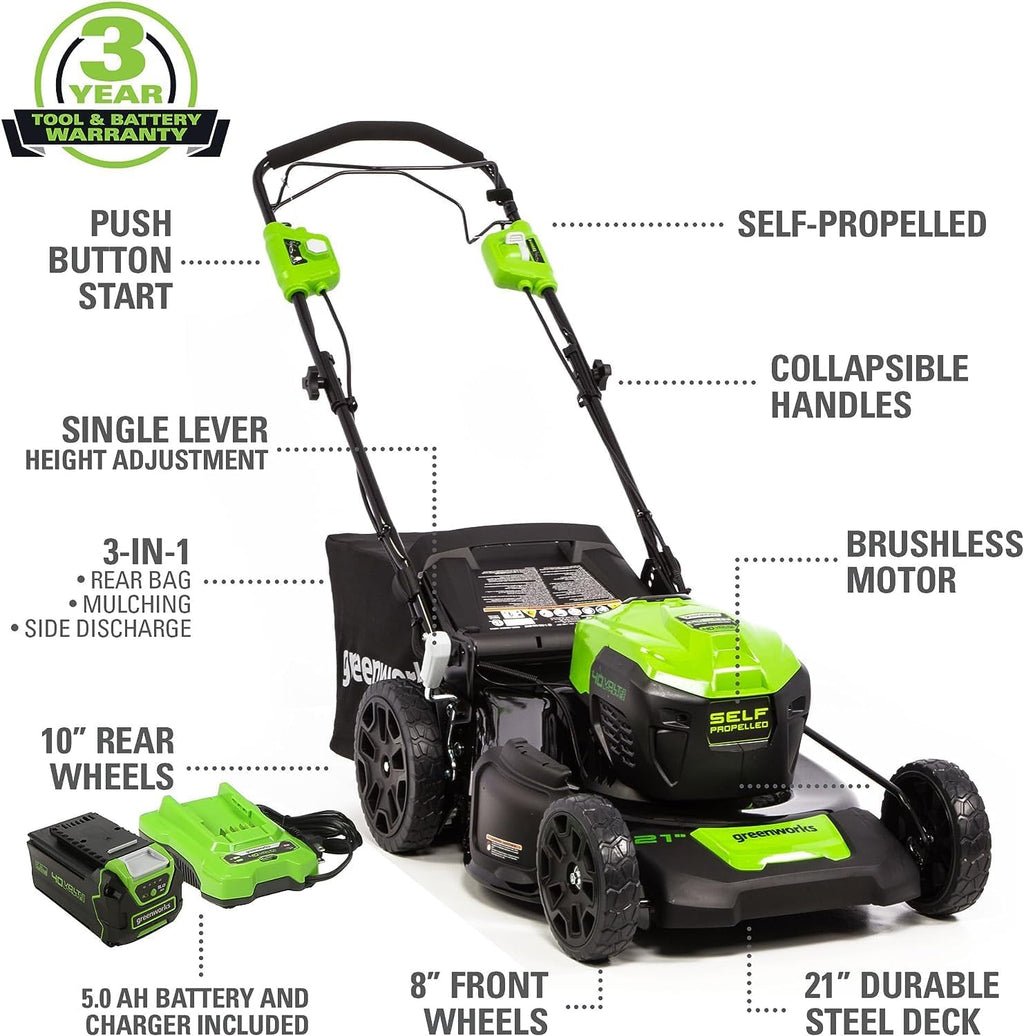 40V 21" Self-Propelled Lawn Mower,Axial Leaf Blower(500 CFM / 120 MPH),13" String Trimmer with 2 Batteries(5Ah+2Ah) &amp; Chargers