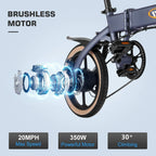 Vivi 16" Folding Electric Bike 350W Brushless Motor, 20MPH, 35 Miles, 36V/10.4Ah Battery, Super Light Electric Bike for Adults/Mountain Bikes/Ebike,  Professional 6 Speed Gears