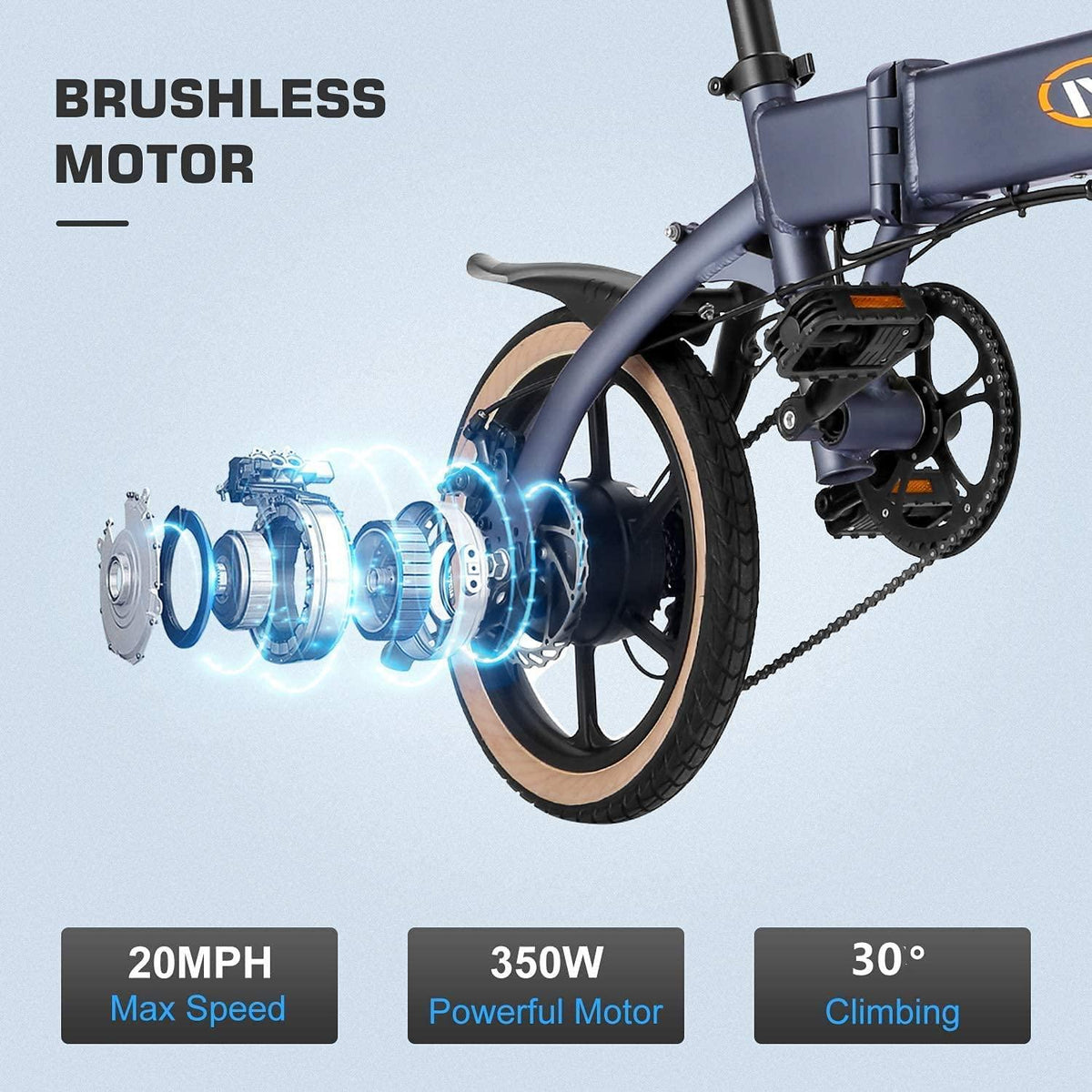 Vivi 16" Folding Electric Bike 350W Brushless Motor, 20MPH, 35 Miles, 36V/10.4Ah Battery, Super Light Electric Bike for Adults/Mountain Bikes/Ebike,  Professional 6 Speed Gears
