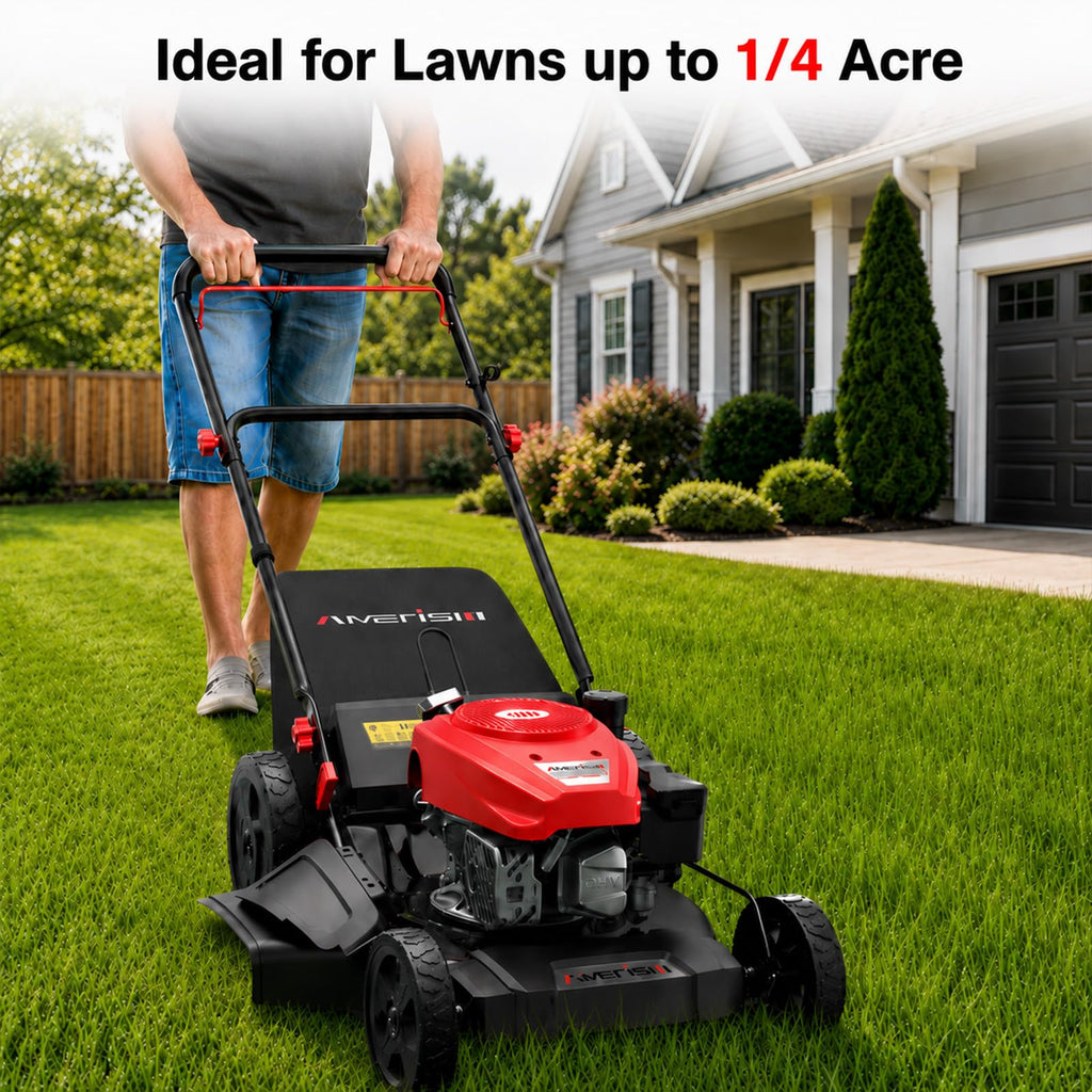 21-Inch Gas Push Lawn Mower, 144cc 4-Stroke Engine, 6-Position Adjustable Cutting Height, 3-in-1 Mulching, Side Dischar&amp; Rear Bag for Garden Landscaping