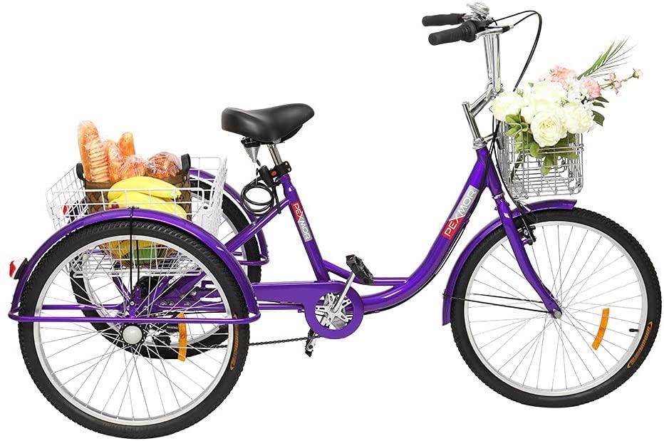 PEXMOR Adult Tricycle, 7 Speed Trike Cruiser Bike, 24/26 Inch Three-Wheeled Bicycle with Foldable Front &amp; Rear Basket Adjustable Height Seat for Recreation, Shopping Men's Women's Bike