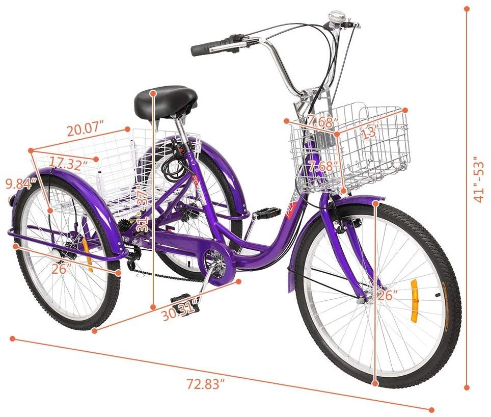 PEXMOR Adult Tricycle, 7 Speed Trike Cruiser Bike, 24/26 Inch Three-Wheeled Bicycle with Foldable Front &amp; Rear Basket Adjustable Height Seat for Recreation, Shopping Men's Women's Bike