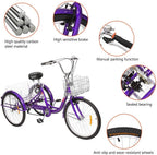PEXMOR Adult Tricycle, 7 Speed Trike Cruiser Bike, 24/26 Inch Three-Wheeled Bicycle with Foldable Front &amp; Rear Basket Adjustable Height Seat for Recreation, Shopping Men's Women's Bike