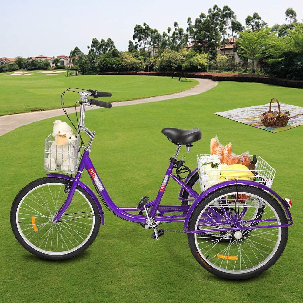 PEXMOR Adult Tricycle, 7 Speed Trike Cruiser Bike, 24/26 Inch Three-Wheeled Bicycle with Foldable Front &amp; Rear Basket Adjustable Height Seat for Recreation, Shopping Men's Women's Bike