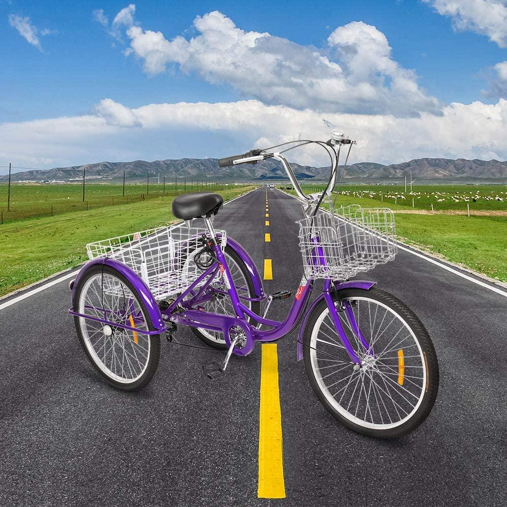 PEXMOR Adult Tricycle, 7 Speed Trike Cruiser Bike, 24/26 Inch Three-Wheeled Bicycle with Foldable Front &amp; Rear Basket Adjustable Height Seat for Recreation, Shopping Men's Women's Bike