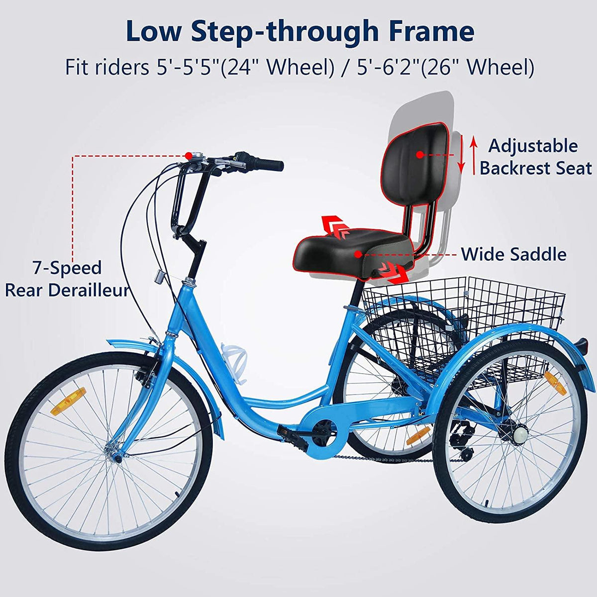 Ey Adult Tricycle, 3 Wheel Bike Adult, Three Wheel Cruiser Bike 20/24/26 inch Wheels, 7 Speed, Adjustable Seat and Handlebar, Multiple Colors