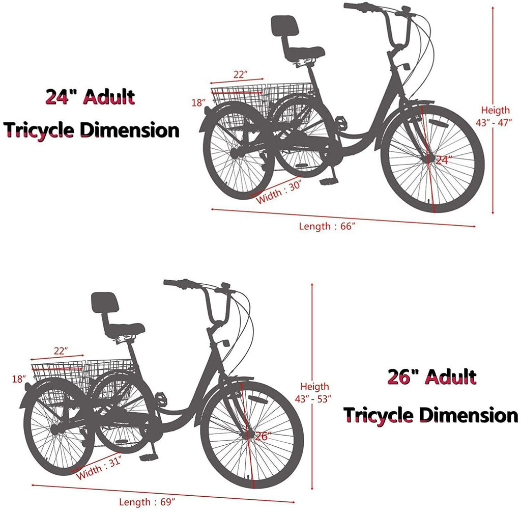 Ey Adult Tricycle, 3 Wheel Bike Adult, Three Wheel Cruiser Bike 20/24/26 inch Wheels, 7 Speed, Adjustable Seat and Handlebar, Multiple Colors