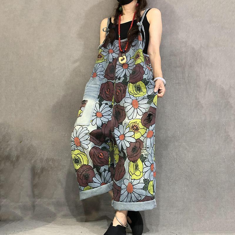 Babakud Summer Print Retro Patch Loose Adjustable Jumpsuit