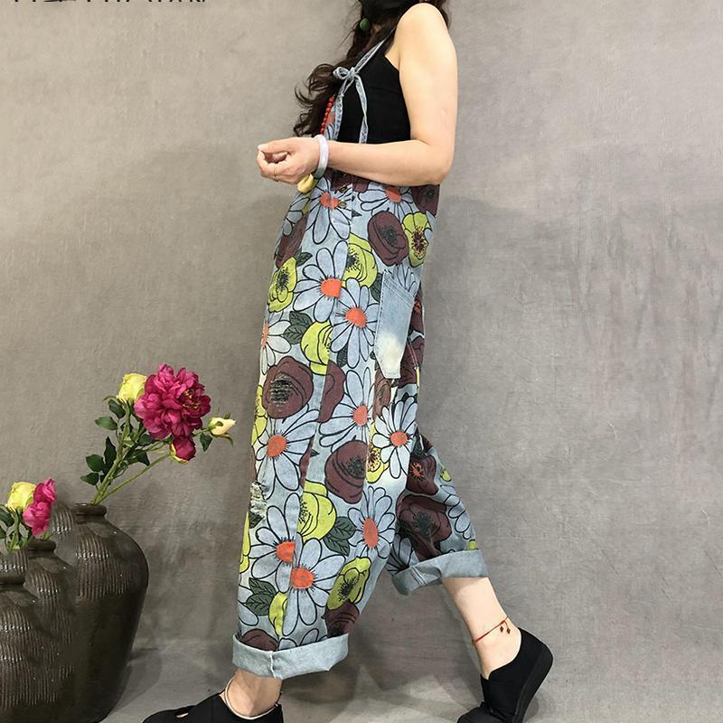 Babakud Summer Print Retro Patch Loose Adjustable Jumpsuit
