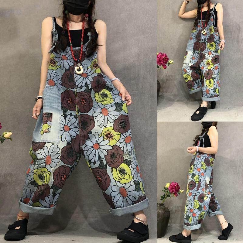 Babakud Summer Print Retro Patch Loose Adjustable Jumpsuit