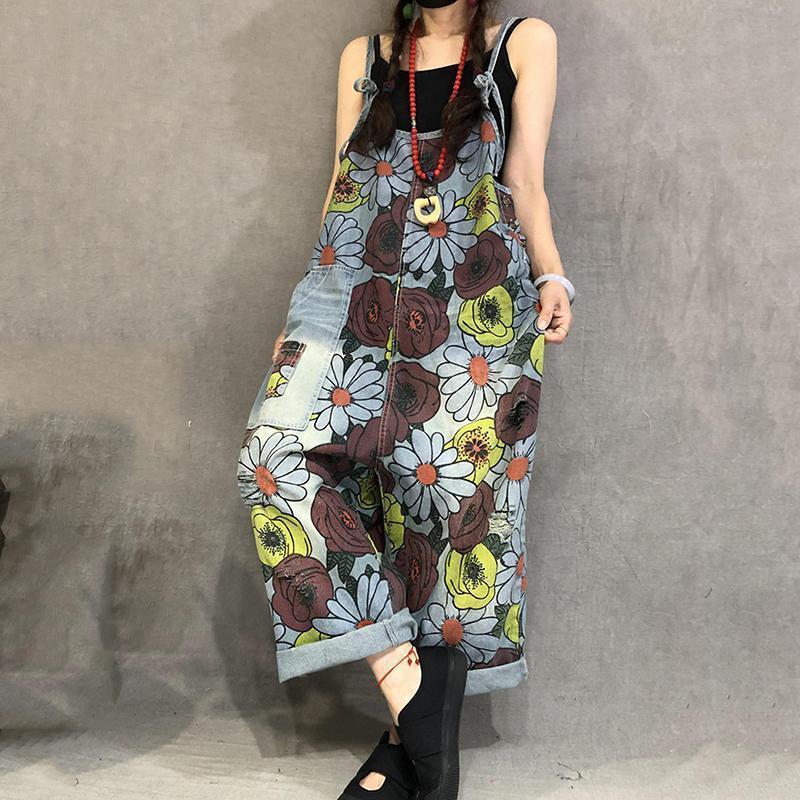 Babakud Summer Print Retro Patch Loose Adjustable Jumpsuit