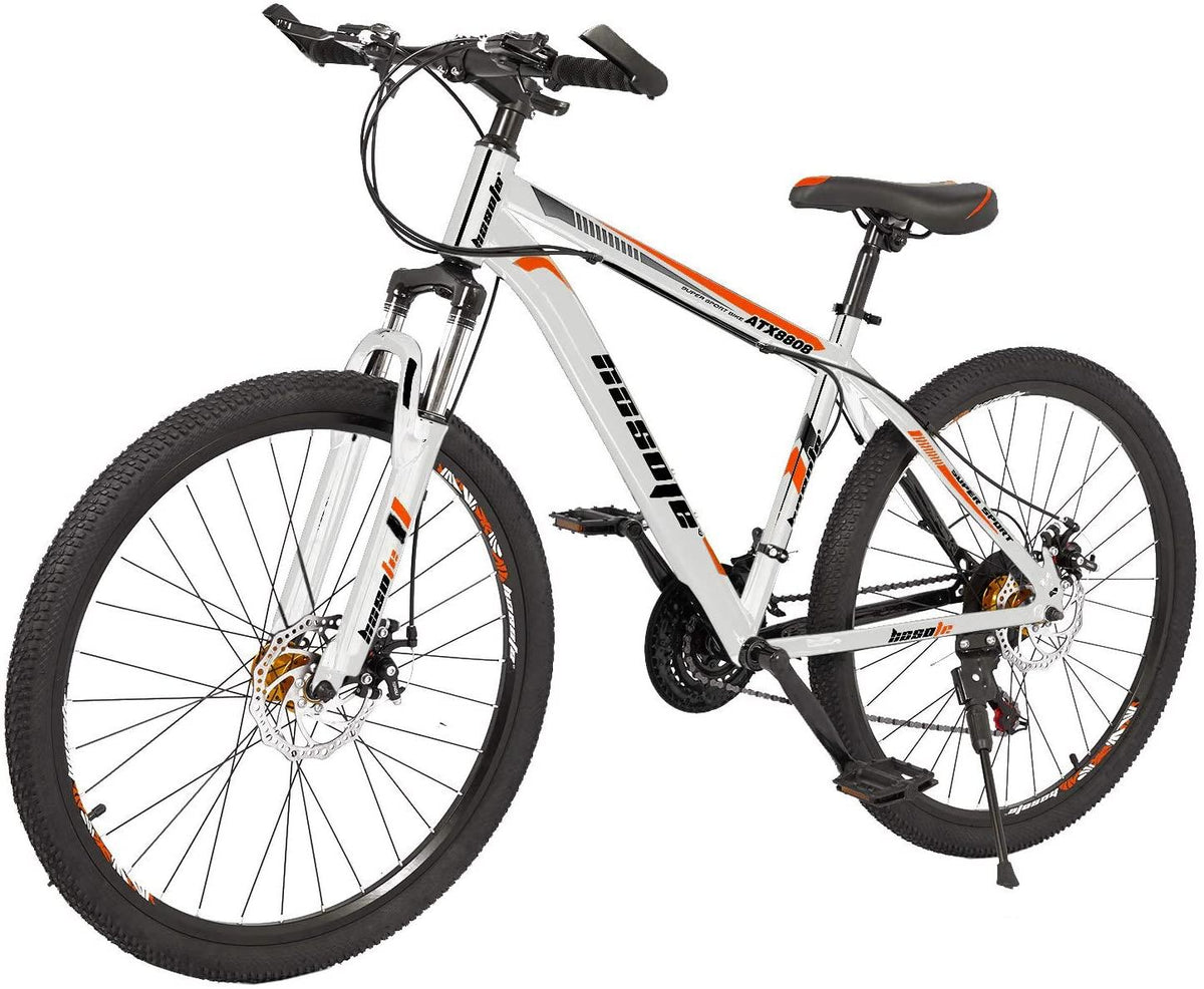 26 Inch Mountain Bikes, 21 Speed Suspension Fork MTB, High-Tensile Carbon Steel Frame Mountain Bicycle with Dual Disc Brake for Men and Women