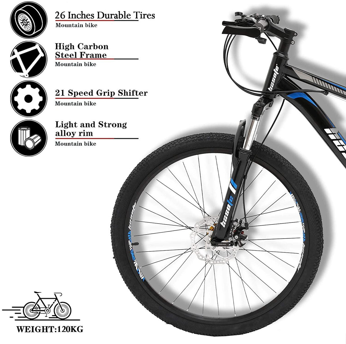 26 Inch Mountain Bikes, 21 Speed Suspension Fork MTB, High-Tensile Carbon Steel Frame Mountain Bicycle with Dual Disc Brake for Men and Women